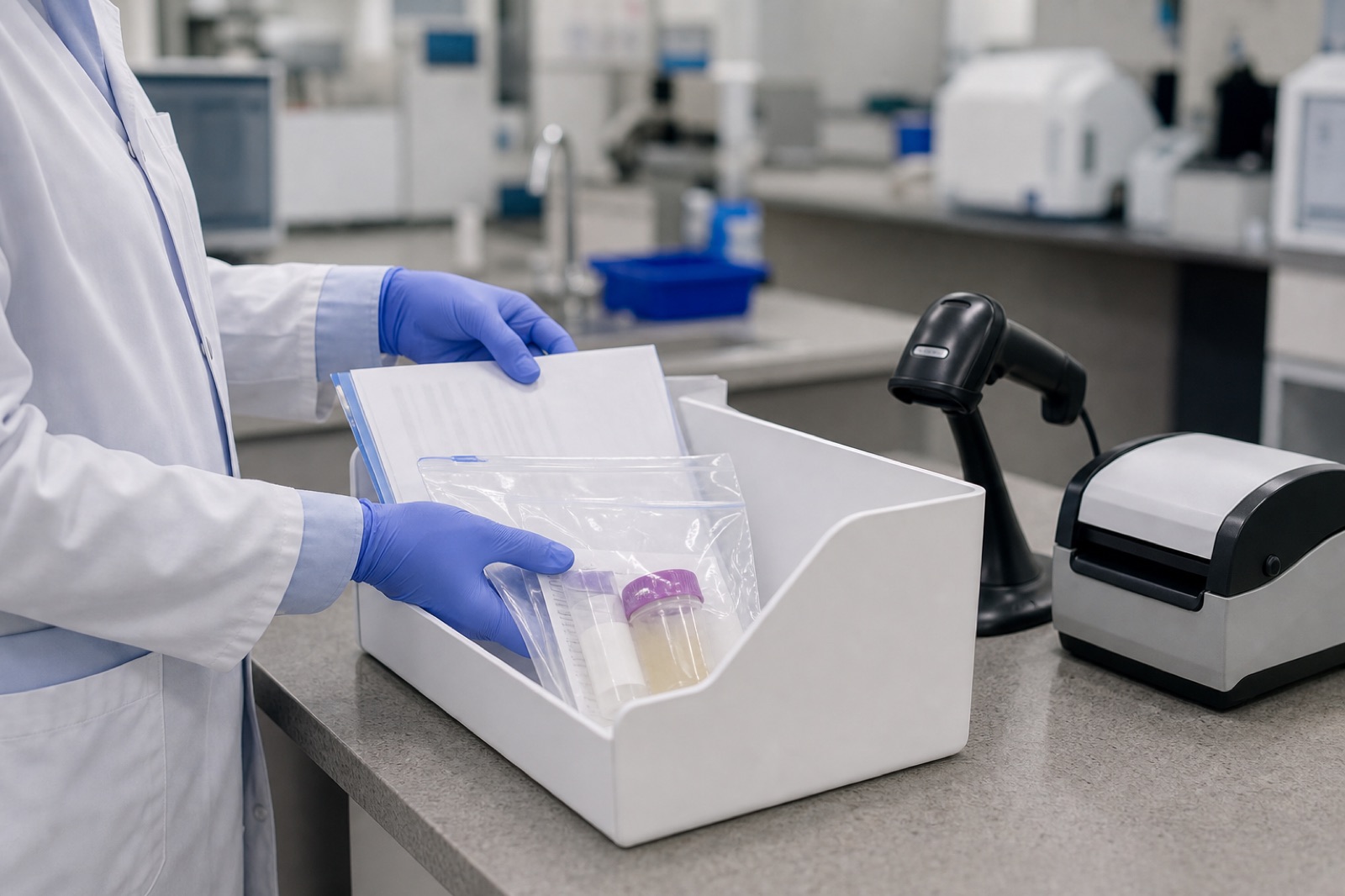 Gloved lab technician pulling requisition paperwork and a bagged specimen from an intake bin beside a barcode scanner and label printer.